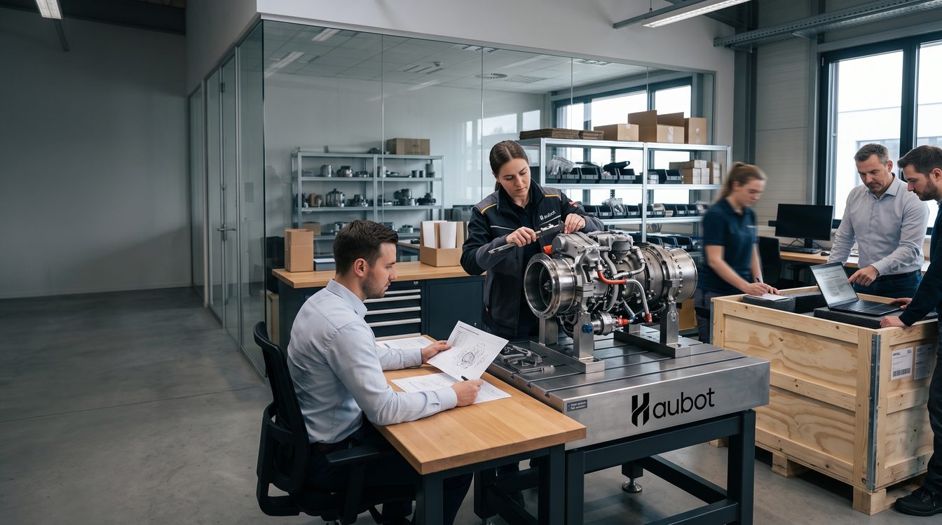 Engineers inspecting equipment in a Haubot facility